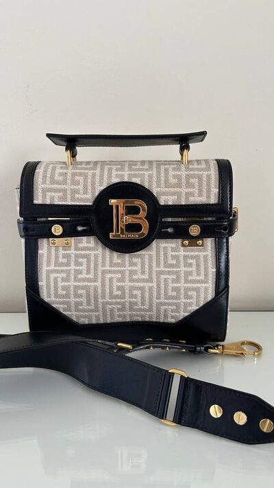 Balmain B-Buzz 23 top handle bag, natural and white monogram jacquard
