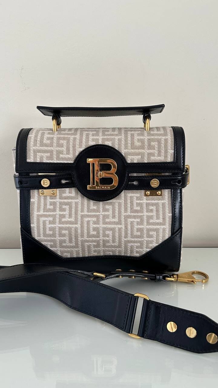 Balmain B-Buzz 23 top handle bag, natural and white monogram jacquard, photo 1