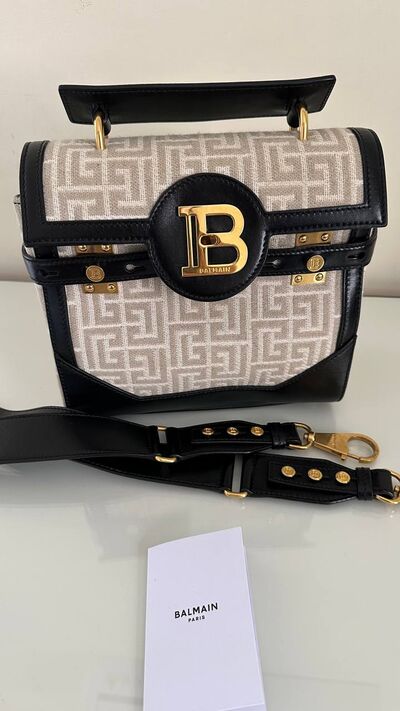 Balmain B-Buzz 23 top handle bag, natural and white monogram jacquard, photo 2