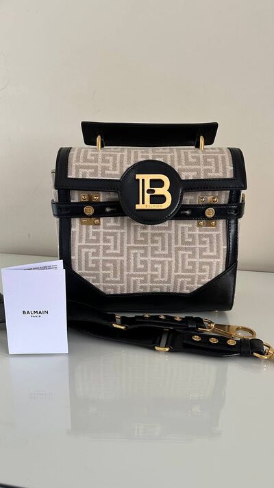 Balmain B-Buzz 23 top handle bag, natural and white monogram jacquard, photo 5