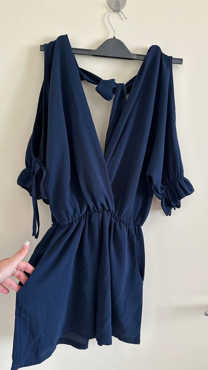 Navy wrap playsuit with tie sleeves, photo 1