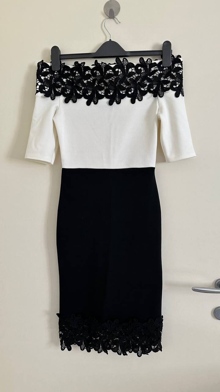 Off-shoulder lace trim pencil dress, white and black, photo 1