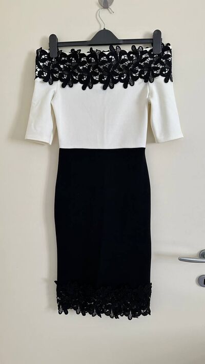 Off-shoulder lace trim pencil dress, white and black, photo 2