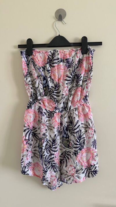 Palm print bandeau playsuit, pink and navy