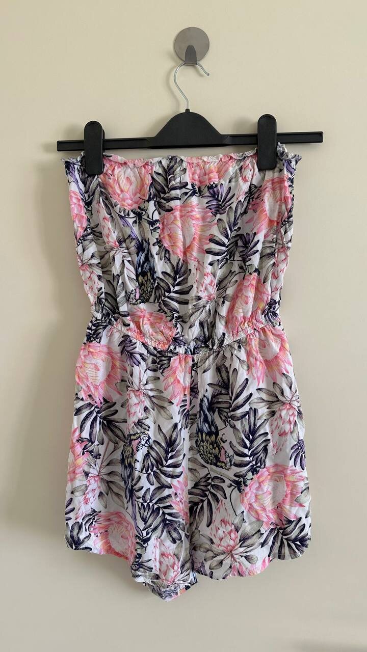 Palm print bandeau playsuit, pink and navy, photo 1