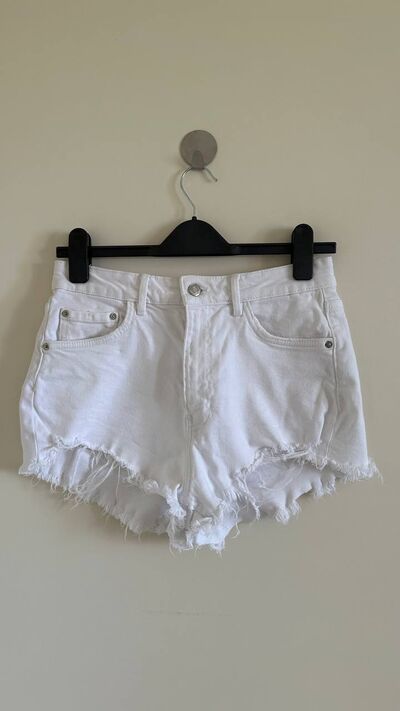 White denim cut off shorts, high rise