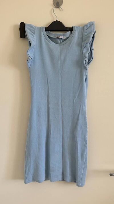 Zara ribbed frill sleeve mini dress, baby blue